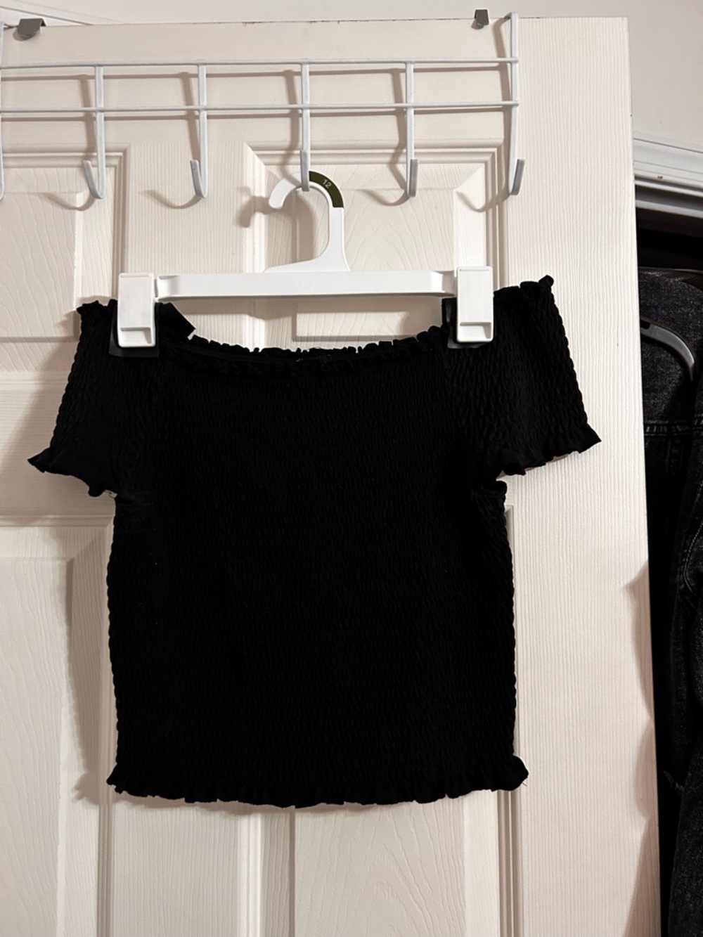 Black Smocked Off-Shoulder Crop Top